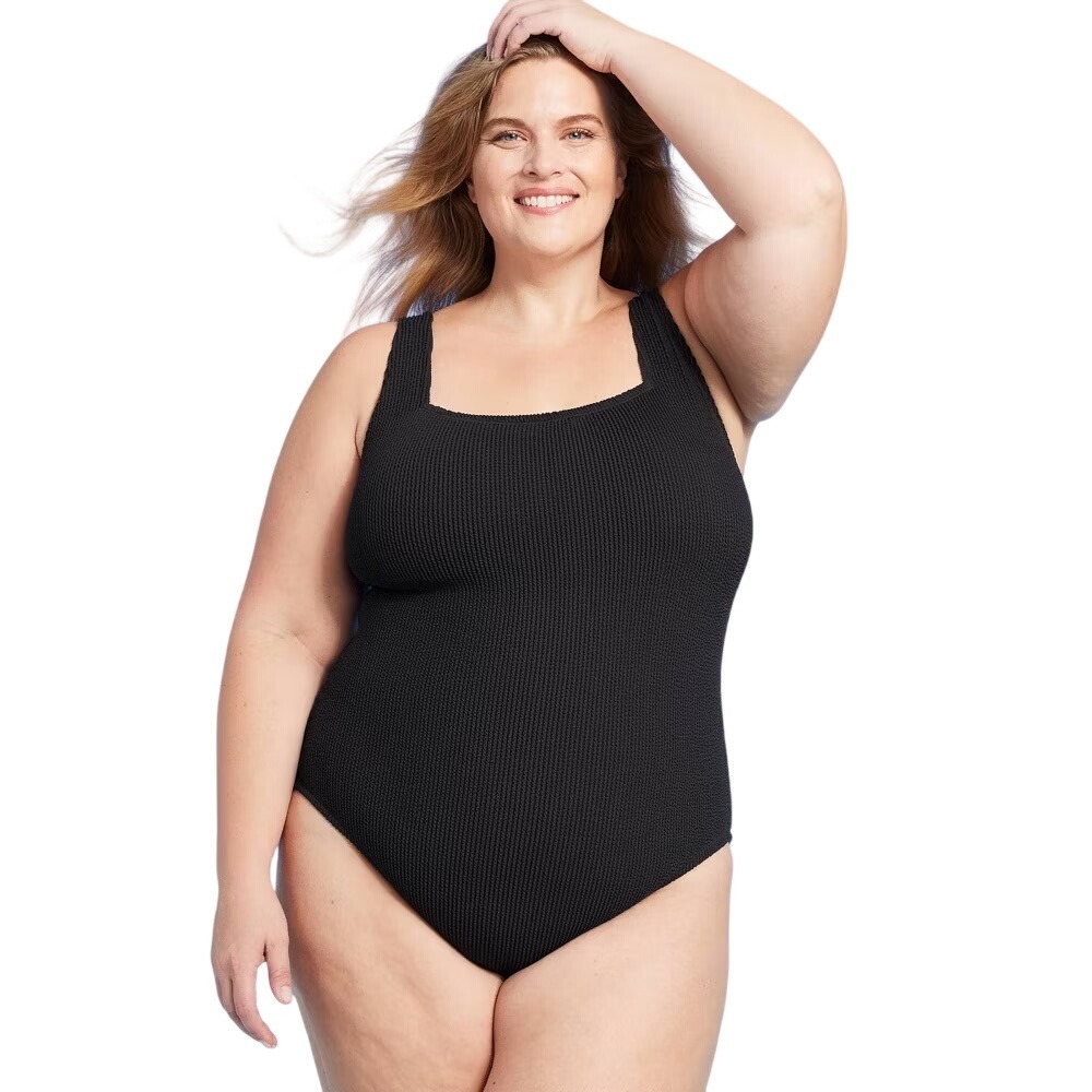 Kona Sol Women's Full Coverage Square Neck One Piece‎ Swimsuit Size 24 Black